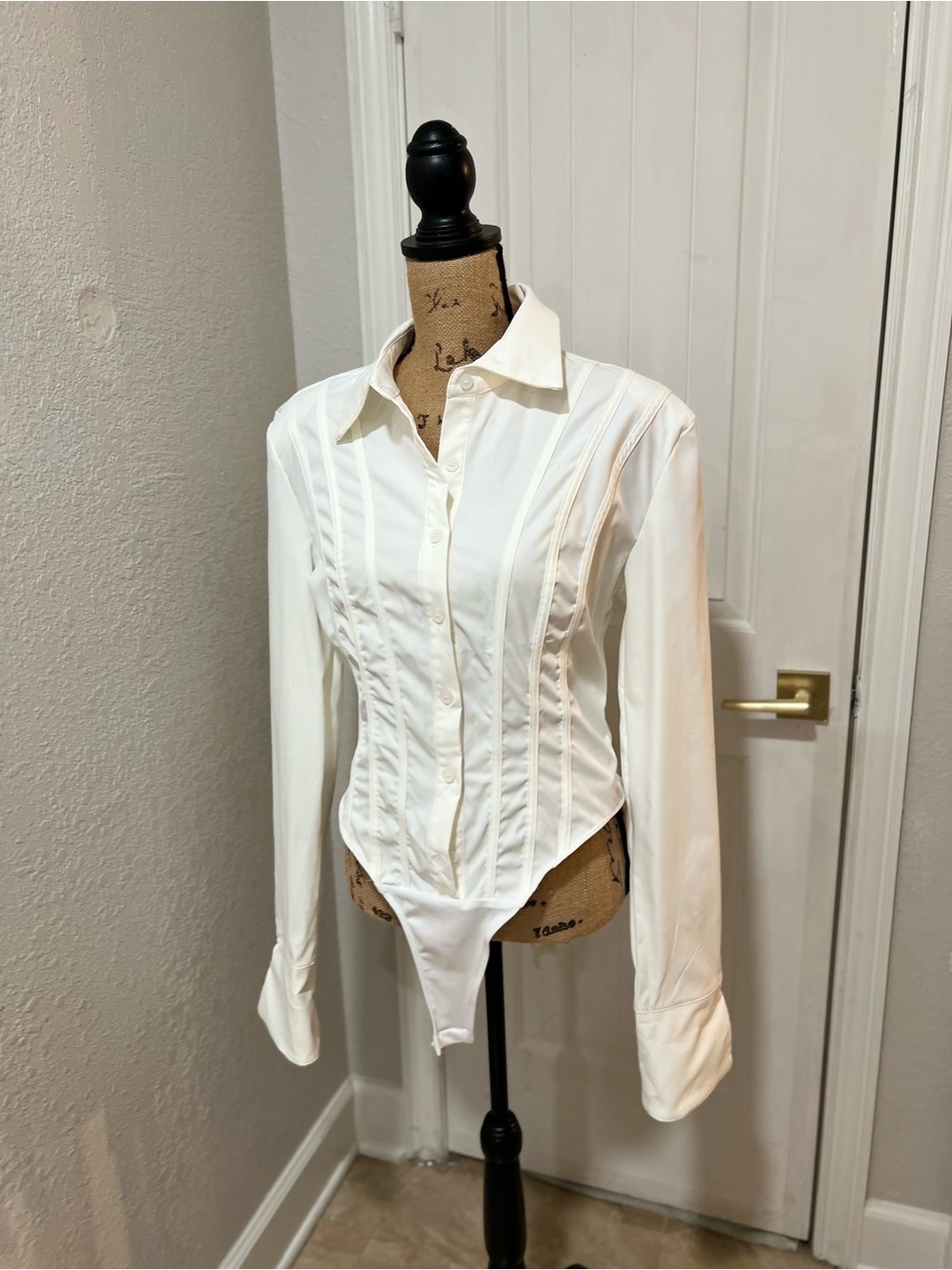 White Structured Corset-Style Button Bodysuit Top